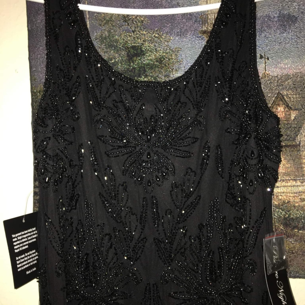PISARRO NIGHTS MIDDY BOAT NECK FULLY BEADED MID LENGTH DRESS. NWT SIZE 16
